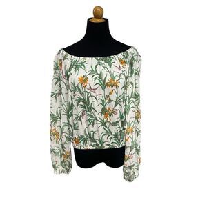 Anthropologie Stretch Off Shoulder Green Orange Floral Top Birds Boho Size XS